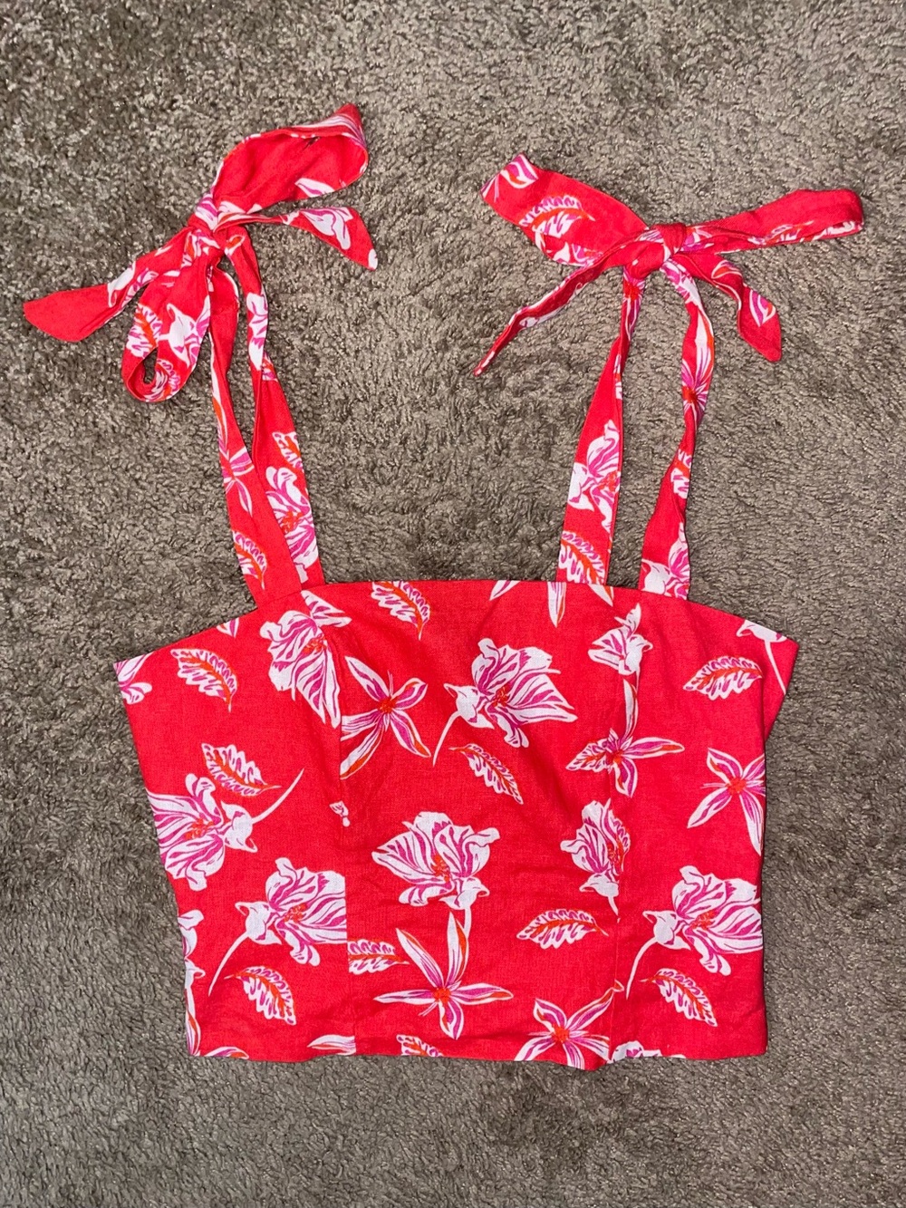 Joie Women’s Red Tropical Floral Linen Blend Tie Shoulder Crop Top